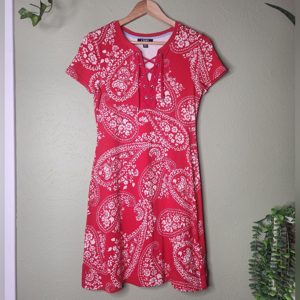 Chaps Ralph Lauren Lace Up Red Paisley Bandana Print Cotton T-Shirt Dress Small